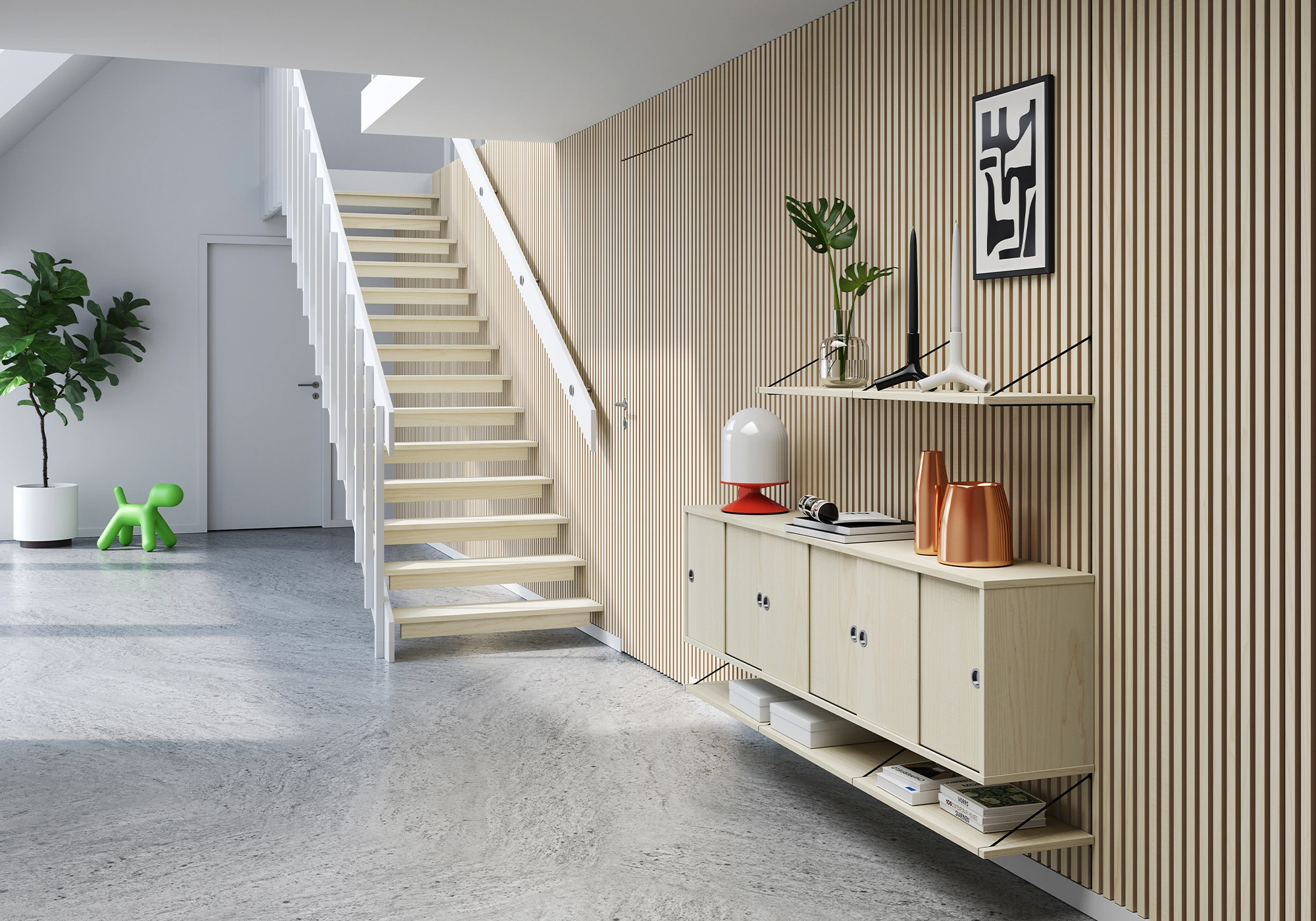 Brace Cabinet and shelves Diamond Ash in hallway