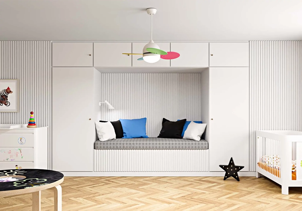 Childrens bedroom Ribbon Color White slat walls