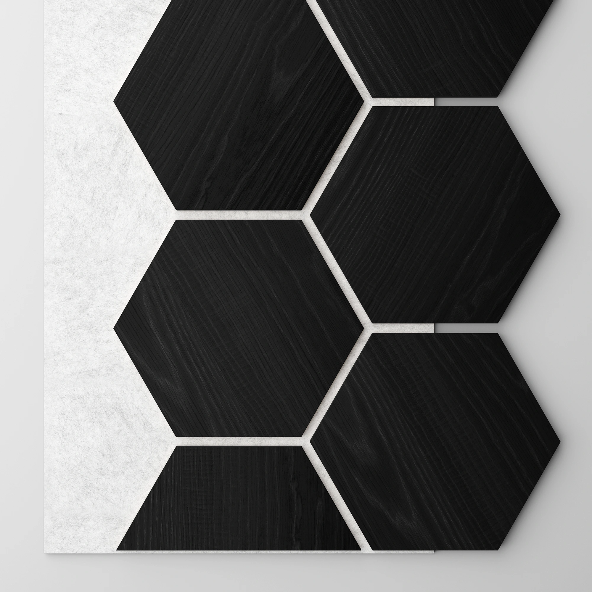 Ribbon-Hexagon Black Diamond Ash joint panel with white acoustic felt