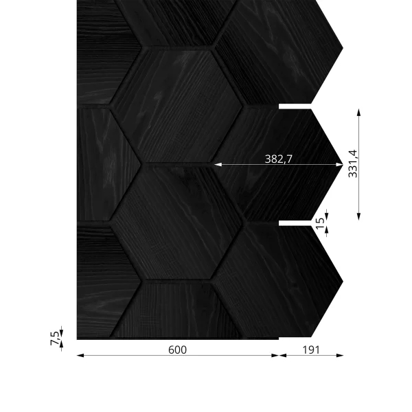 Ribbon-Hexagon Black Diamond Ash start panel with black acoustic felt with dimensions