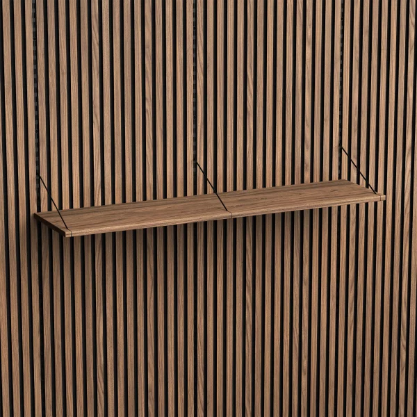 Brace wall shelf 1240 Diamond Walnut black console with Diamond Walnut acoustic panels