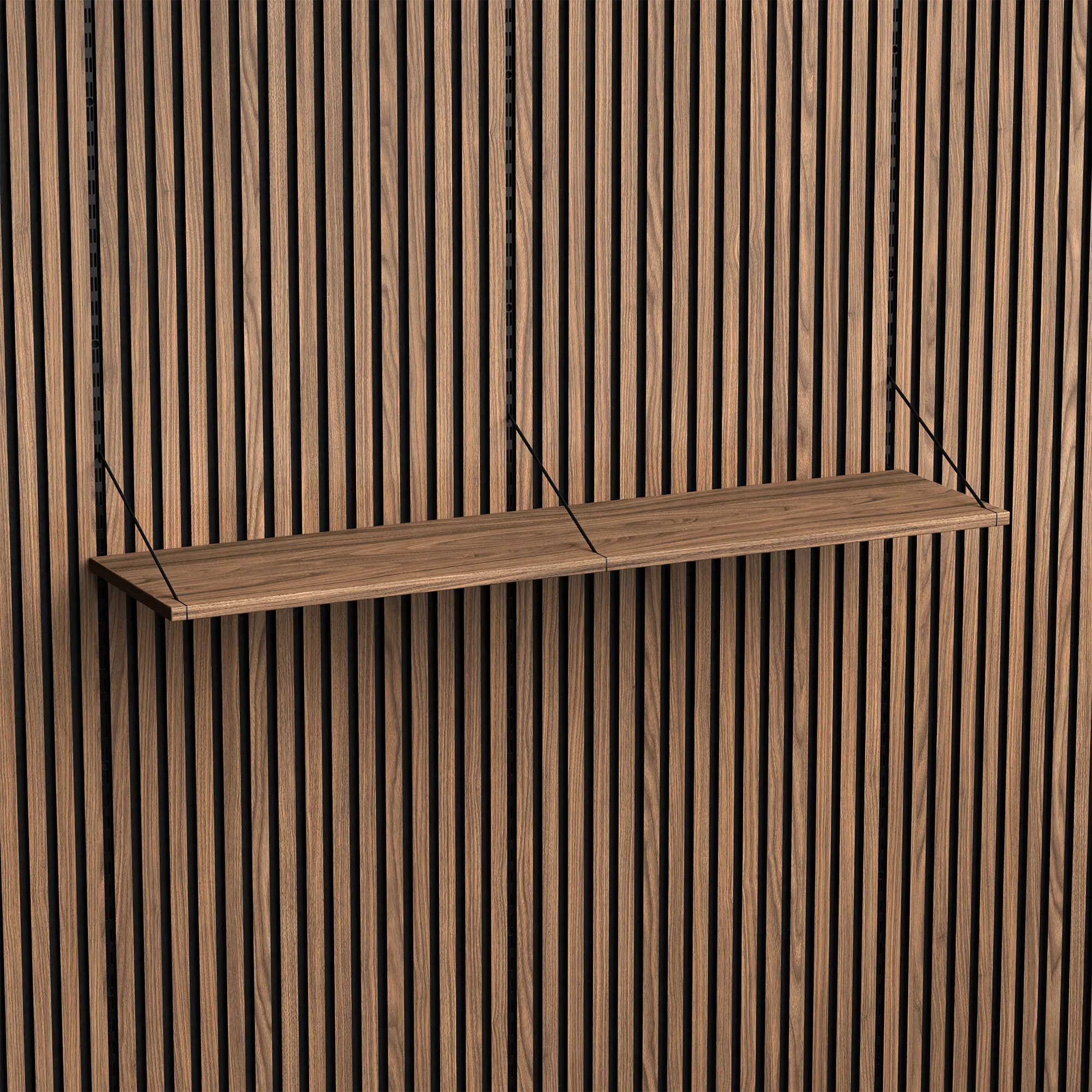 Brace wall shelf 1240 Diamond Walnut black console with Diamond Walnut acoustic panels